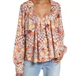 Free People Womens Boho Satin Warm Tone Floral Print Round Collared Blouse‎ Sz S